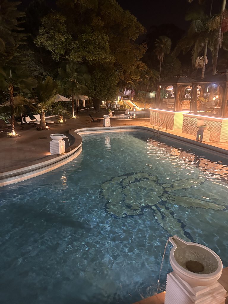 A nighttime view of a swimming pool with a decorative design on the pool floor. The area is illuminated with warm lights, surrounded by trees and lounge chairs. A small water feature is visible in the foreground, and a lit-up structure with people can be seen in the background.