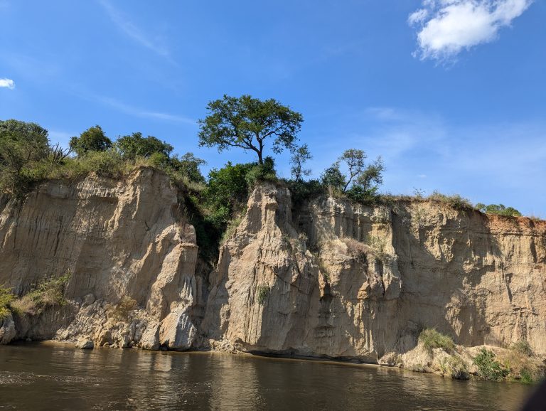 A rocky cliff with patches of greenery and a few small trees at the top, adjacent to a body of water under a clear blue sky with some clouds.