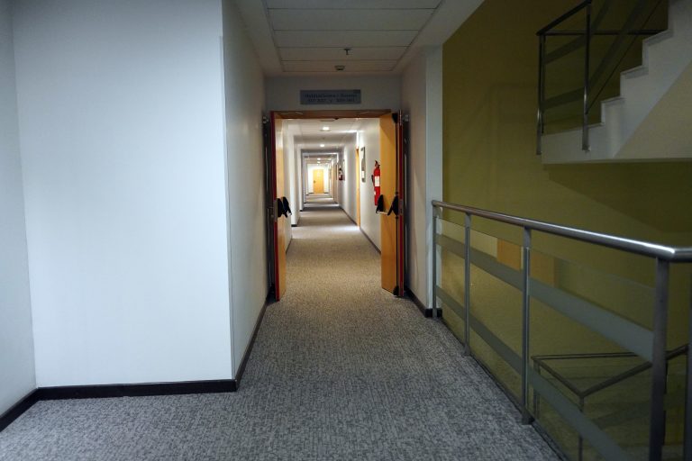 A long, well-lit hallway with beige carpet, light gray walls, and several open wooden doors on either side. A staircase with metal railing is visible to the right.