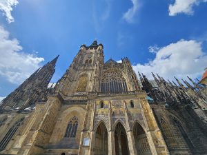 A low-angle view of St. Vitus Cathedral, which is part of Prague Castle in Prague, Czech Republic. 