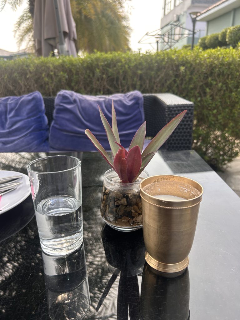 A glass of water, a small plant in a glass pot with pebbles, and a brass cup on a black glass table.