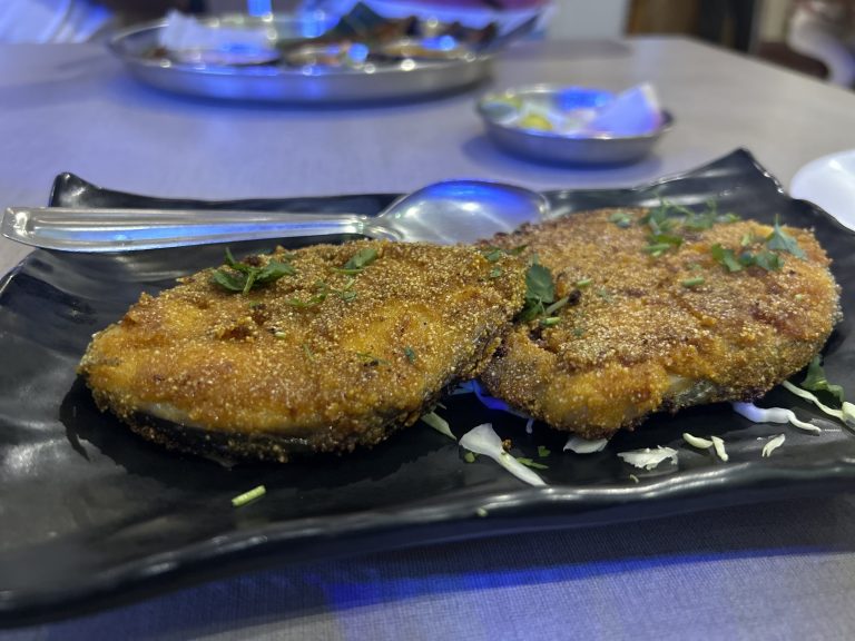 Two slices of crispy fried fish coated in a golden-brown spiced crust, garnished with chopped fresh cilantro.