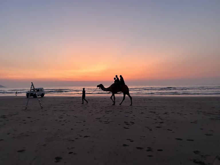 A silhouette of a camel with three riders being led by a person on a beach at sunset, with a vehicle and a ladder in the background.