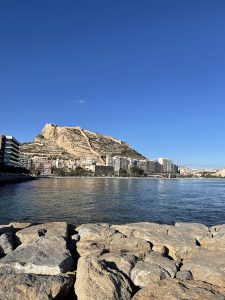 A scenic view of a rocky shoreline leading to a calm body of water. In the background, a cityscape with multiple buildings sits at the base of a large, rugged hill topped with an ancient fortress, all under a clear blue sky.