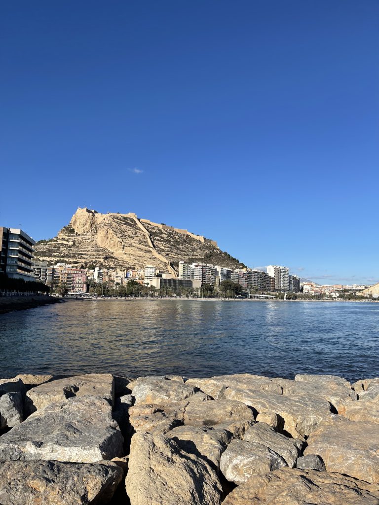 A scenic view of a rocky shoreline leading to a calm body of water. In the background, a cityscape with multiple buildings sits at the base of a large, rugged hill topped with an ancient fortress, all under a clear blue sky.