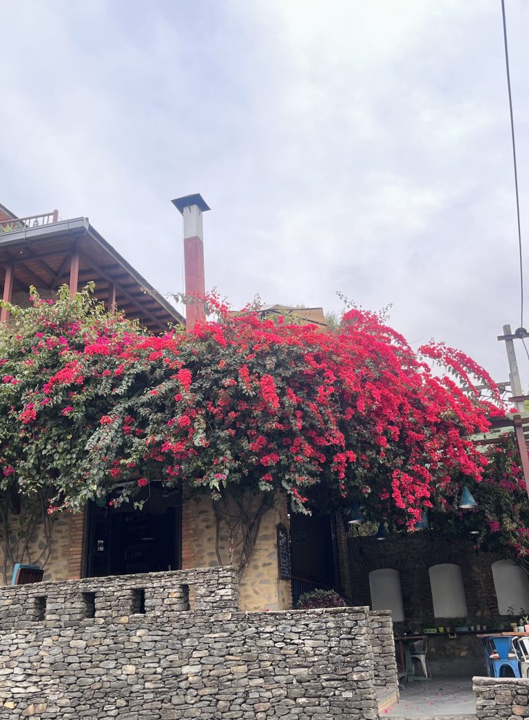 Stone building adorned with vibrant red bougainvillea flowers cascading over the entrance. The structure includes a chimney and an outdoor area with tables and chairs, under a partly cloudy sky.