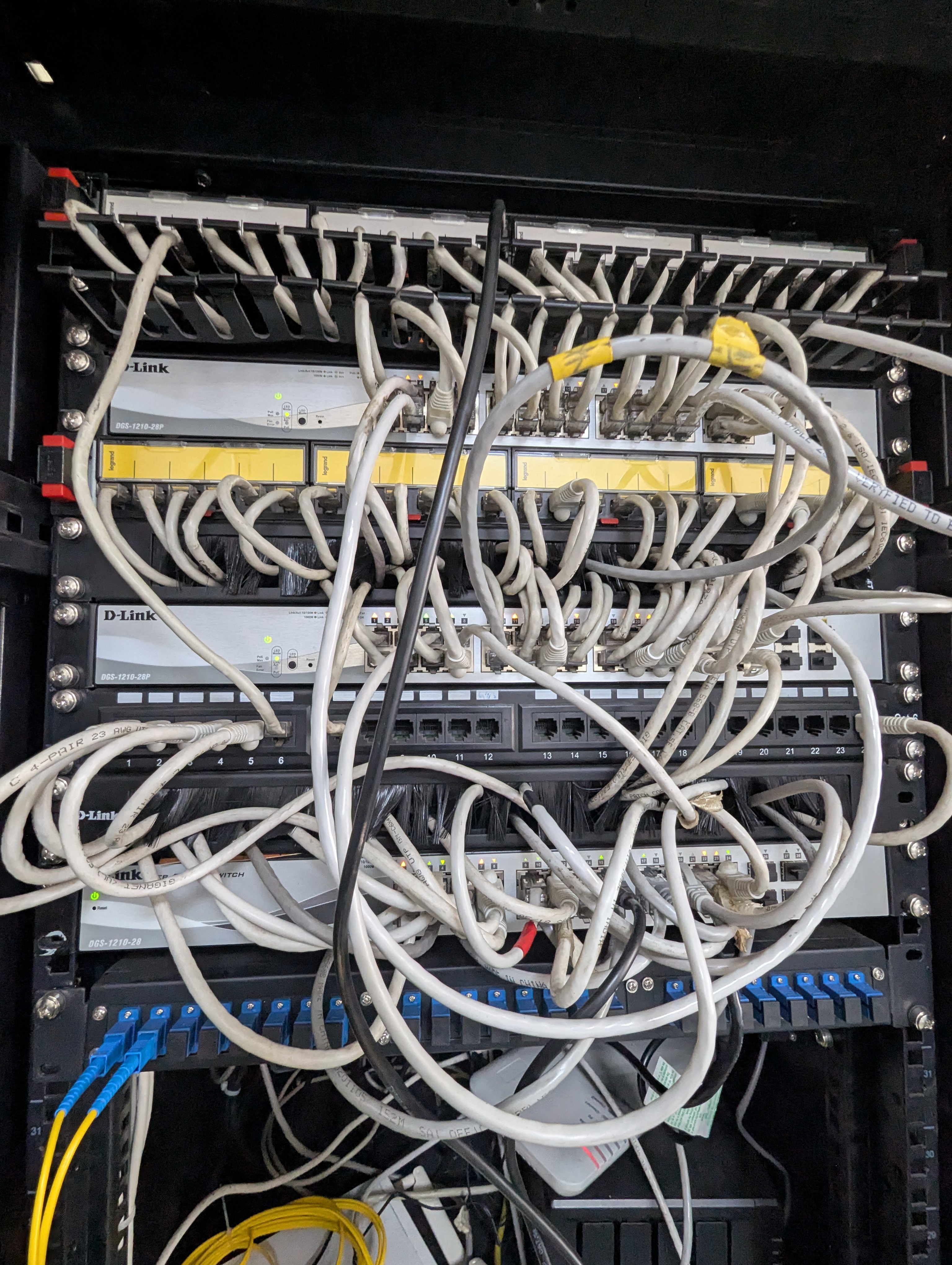 A messy network server room showing wires, patch panels in a room