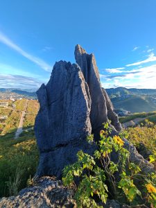 A jagged rock formation stands prominently in the foreground, surrounded by green vegetation and yellow wildflowers. A scenic landscape with hills and a partly cloudy blue sky stretches out in the background.