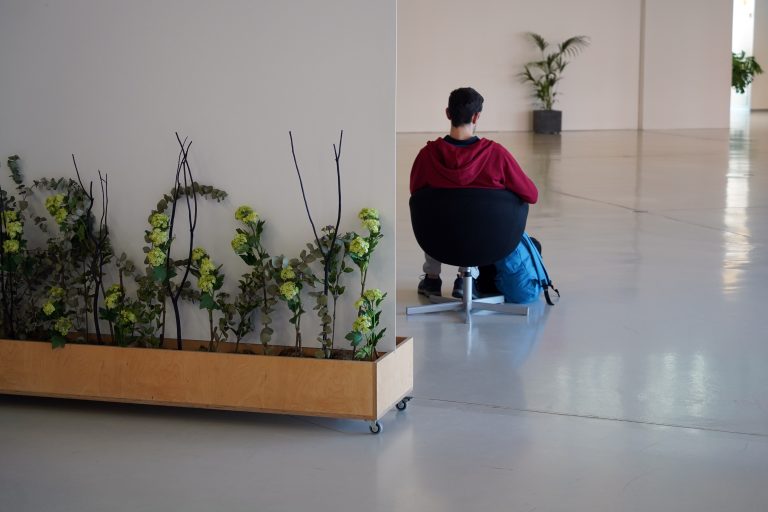 A person in a red hoodie sits on a black swivel chair facing away, in a large open space with a glossy floor. To the left, there is a wooden planter on wheels containing green and yellow flowers with tall branches.