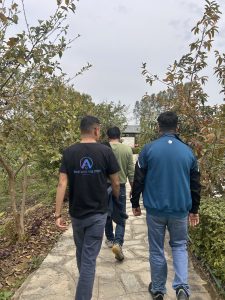 Three people walking on a stone pathway, surrounded by trees and foliage on both sides. The sky is overcast.