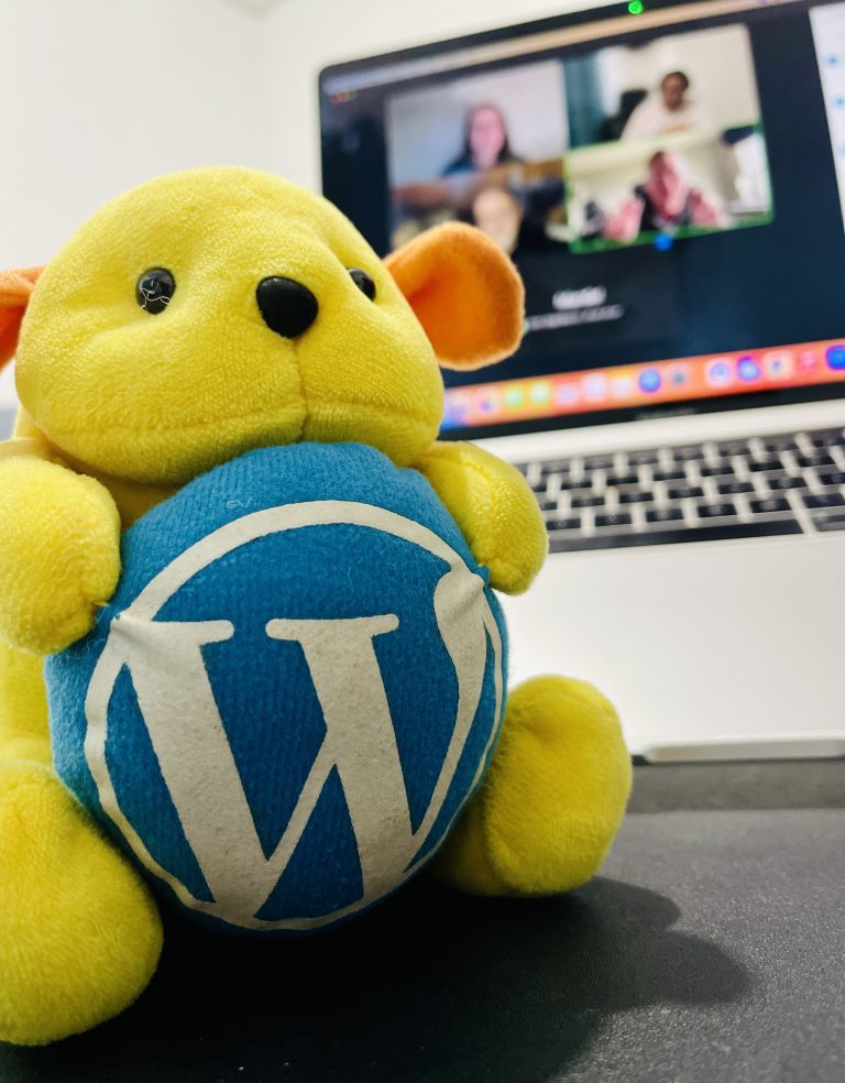 Wappu with WordPress logo placed in front of a laptop