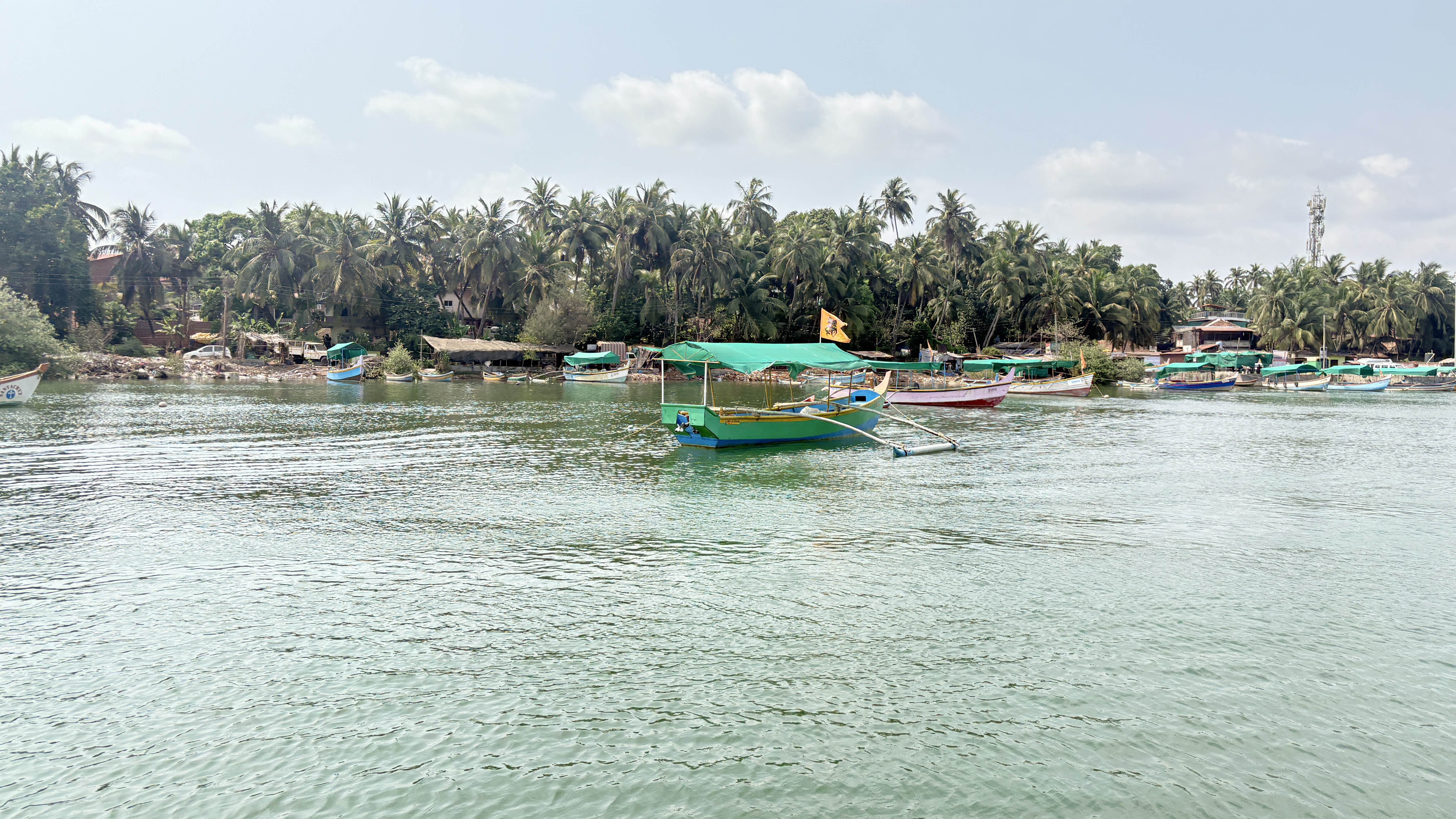 A green boat with a canopy and yellow flag glides over calm waters, set against a backdrop of colorful docked boats, palm-lined shores beneath a partly cloudy sky.
