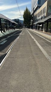 Train tracks in a city, going off into the distance.