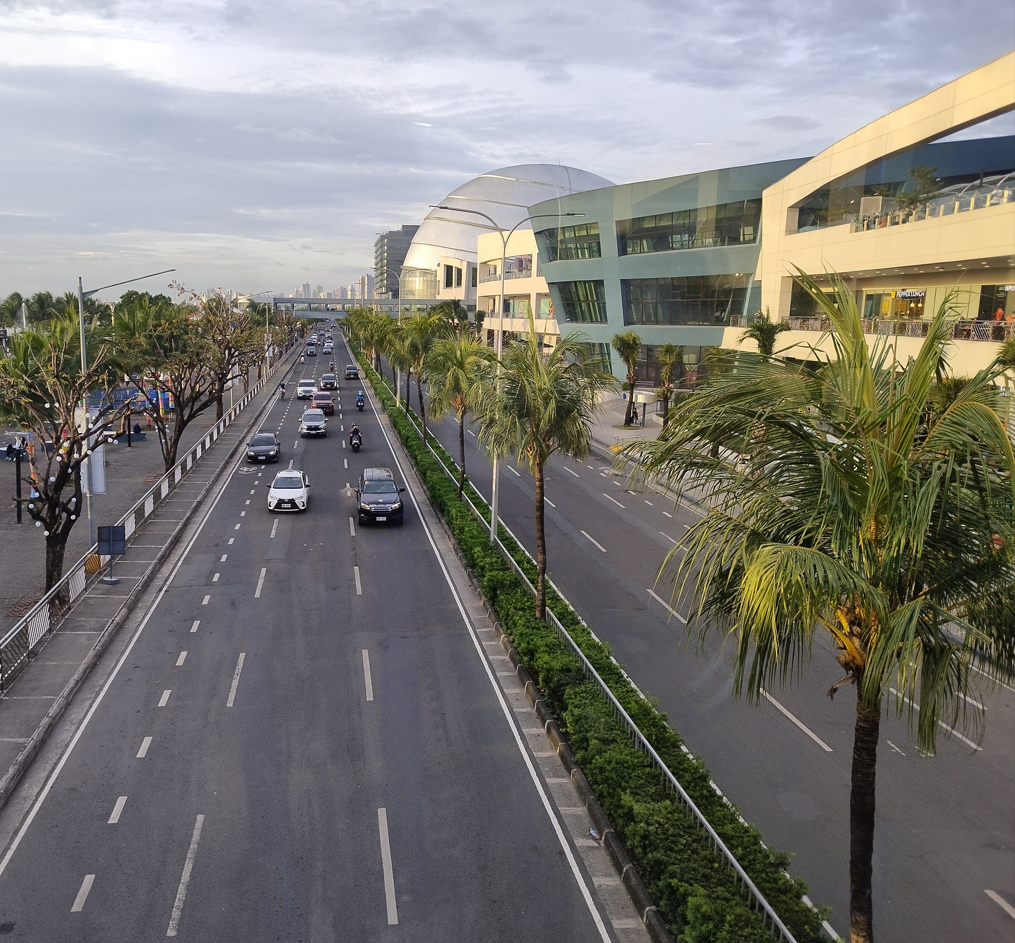 A cityscape featuring a wide, divided road lined with palm trees and bordered by modern architectural buildings. Several vehicles, including cars and motorcycles, travel along the road under a cloudy sky. #WCNP2025