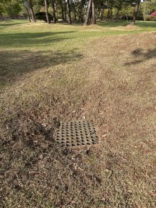 A rectangular metal grate positioned in a grassy area, surrounded by a slight depression in the ground.