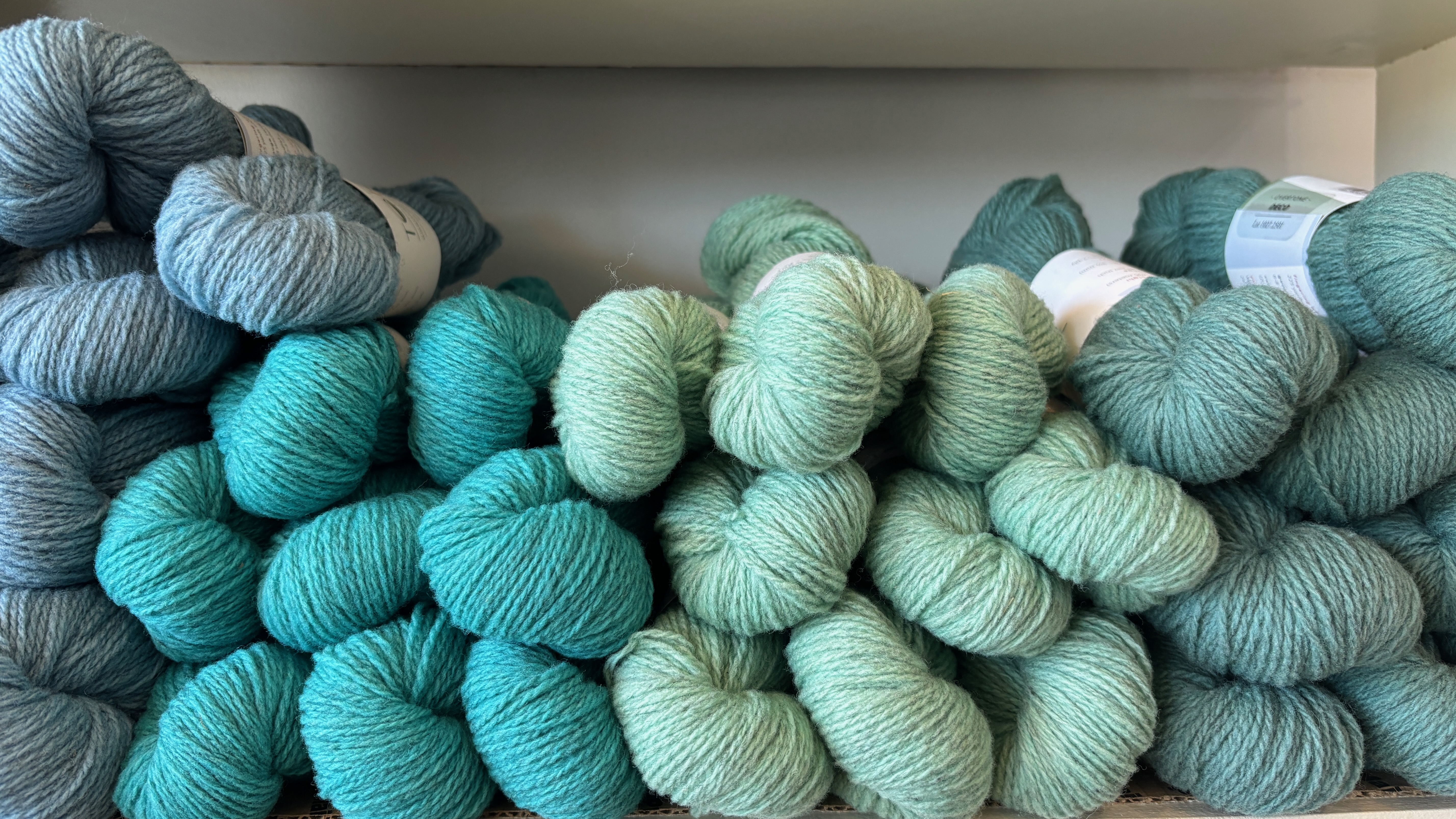 Skeins of yarn stacked on a shelf ordered by shades of blue and green.