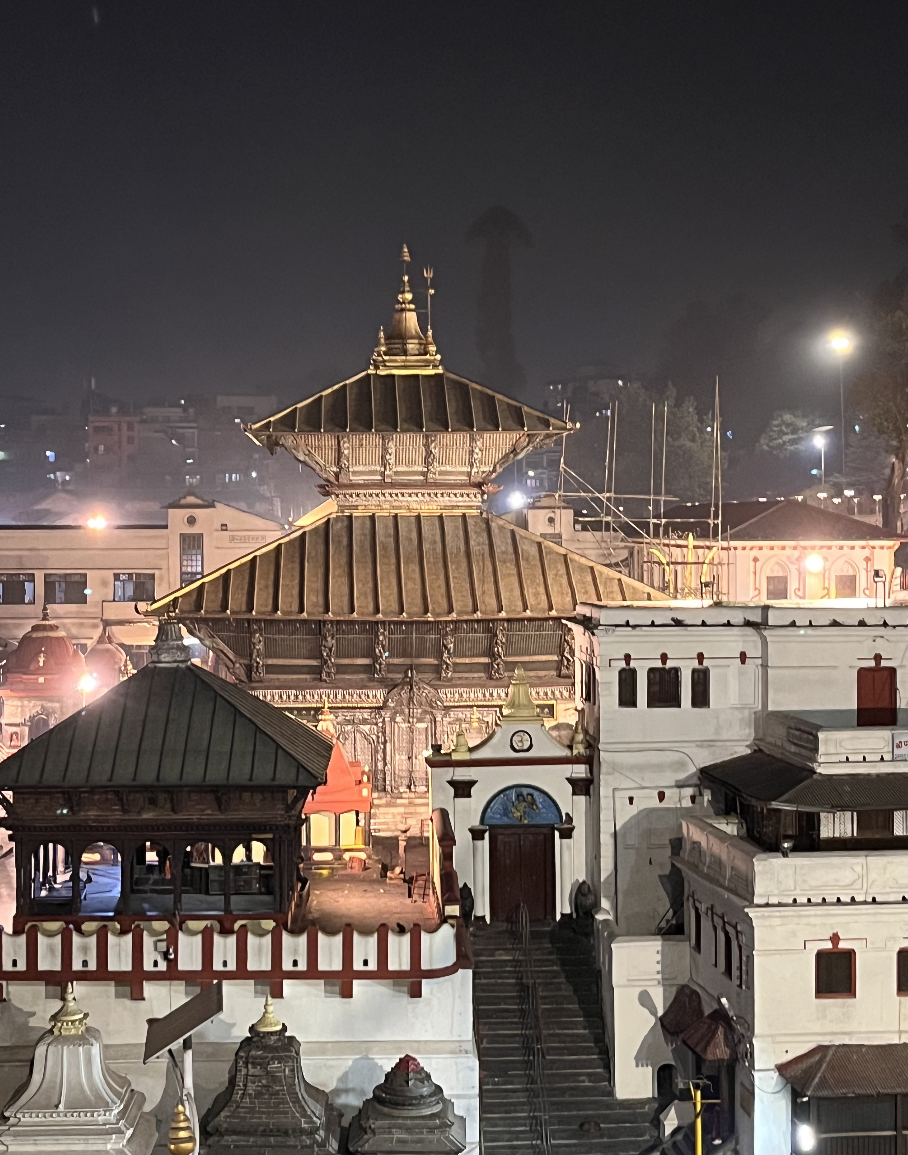 Pashupatinath Temple, a night scene of a Hindu temple in Kathmandu, Nepal from a high viewing point.