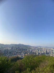 A panoramic view of a city skyline featuring a mix of modern skyscrapers and traditional buildings, set against a backdrop of mountains. 