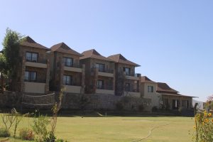 A residential building with stone exterior and multiple balconies, surrounded by a manicured lawn with a volleyball net and flowering plants under a clear blue sky.
