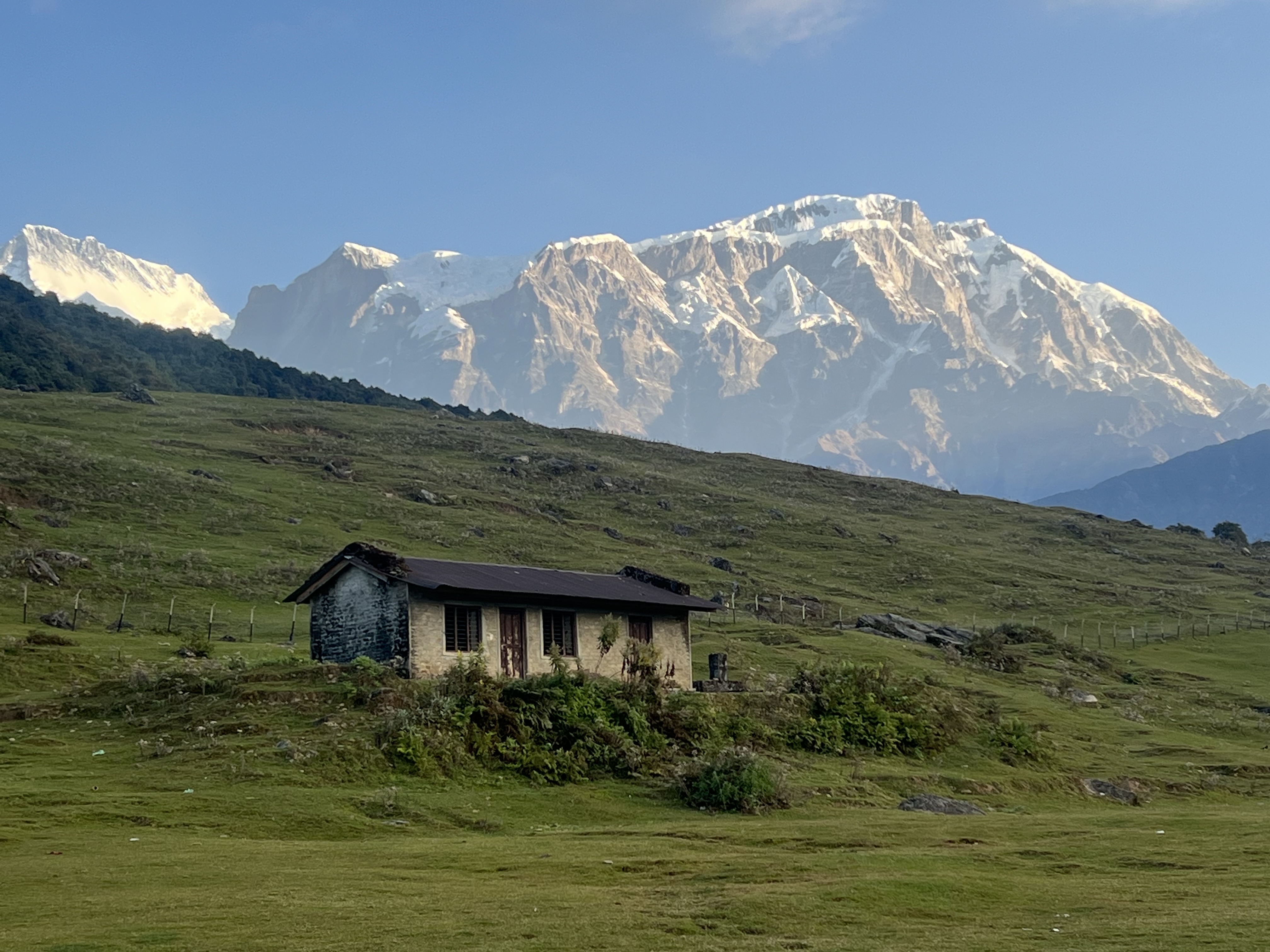 A small rustic cabin sits in a lush, green meadow with a backdrop of towering, snow-capped mountains under a clear blue sky.