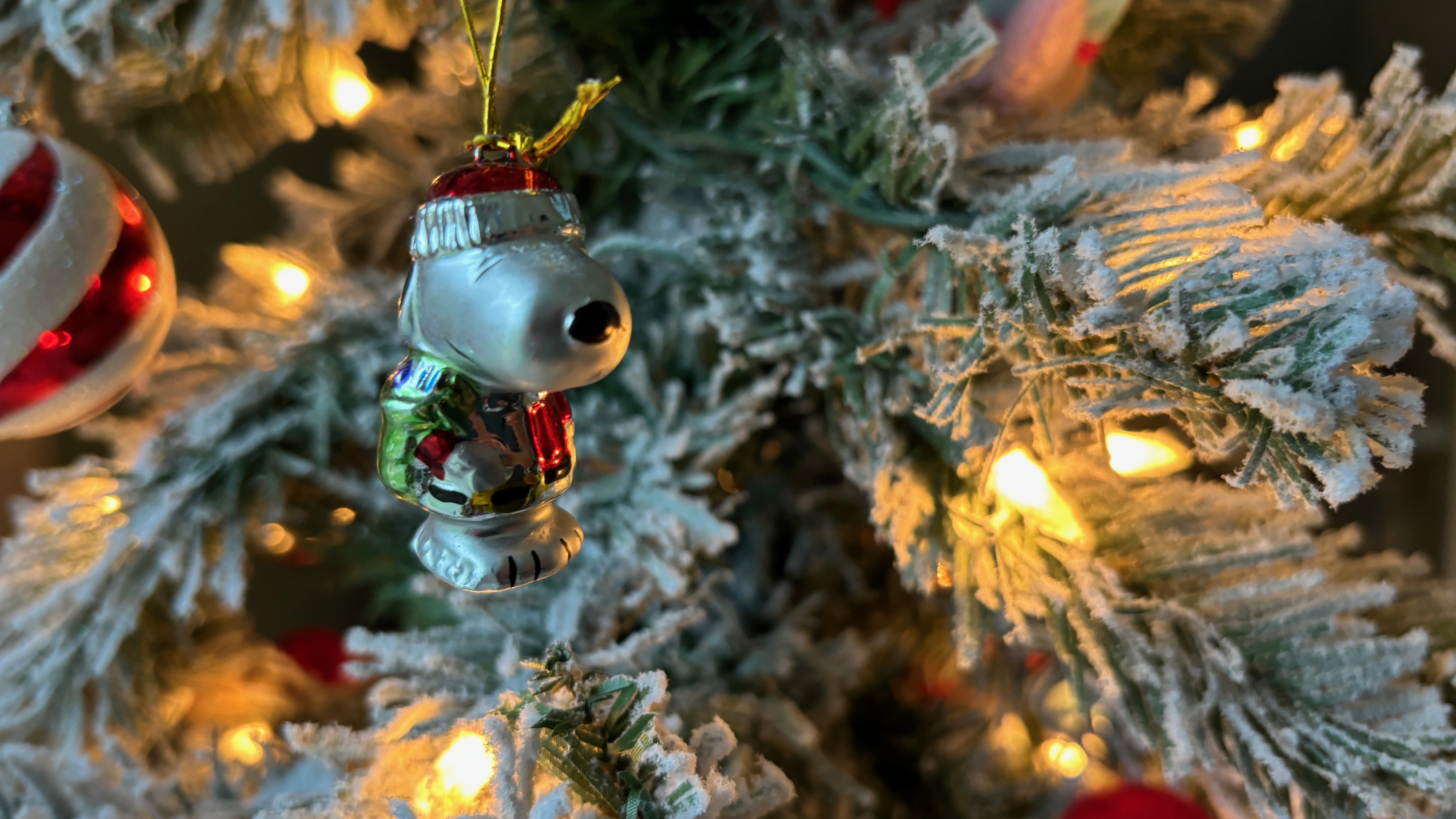 Closeup of a Christmas ornament in tree branches. The ornament is a painted glass dog dressed like Santa.