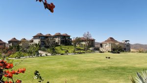 A lush green lawn with red and orange flowering plants in the foreground, leading to a group of rustic villas with sloping roofs, situated on a hillside, under a clear blue sky.
