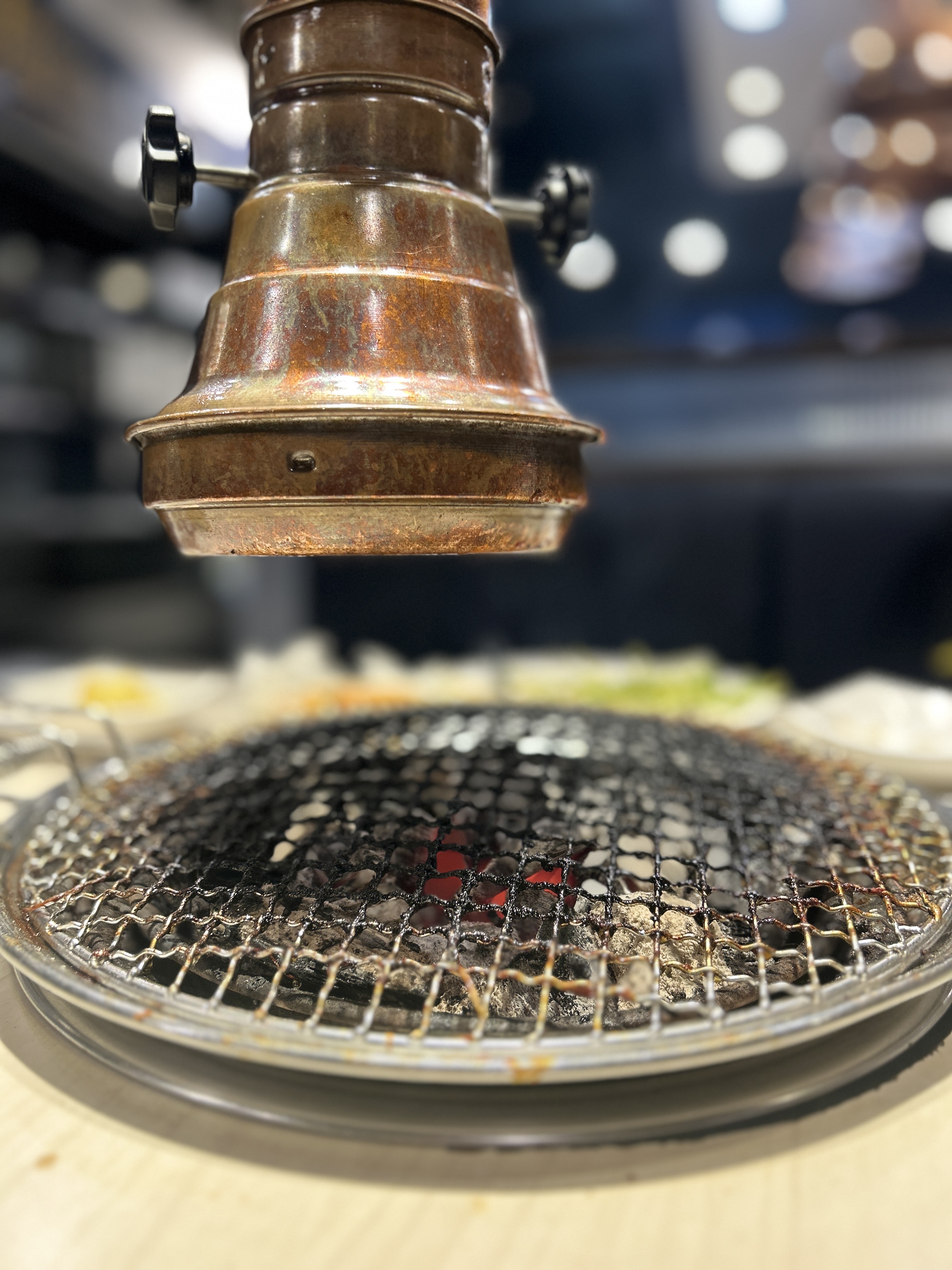 A close-up image of a metallic grill with a wire mesh top, designed for cooking. Above the grill is a hanging metal fixture, likely for heat or smoke ventilation.
