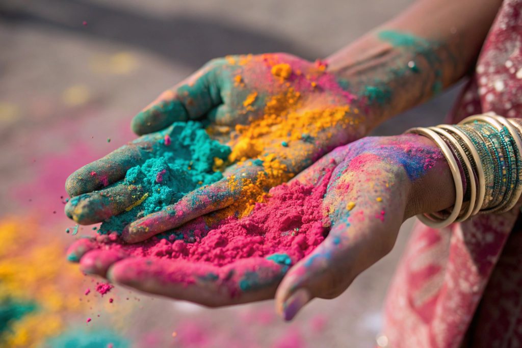 Two hands are held open, displaying vibrant colored powders in shades of turquoise, pink, and yellow. The hands are adorned with traditional bangles, and the skin is stained with remnants of the powders, suggesting a festive atmosphere. In the background, splashes of the same colors can be seen scattered on the ground, indicative of a celebration,