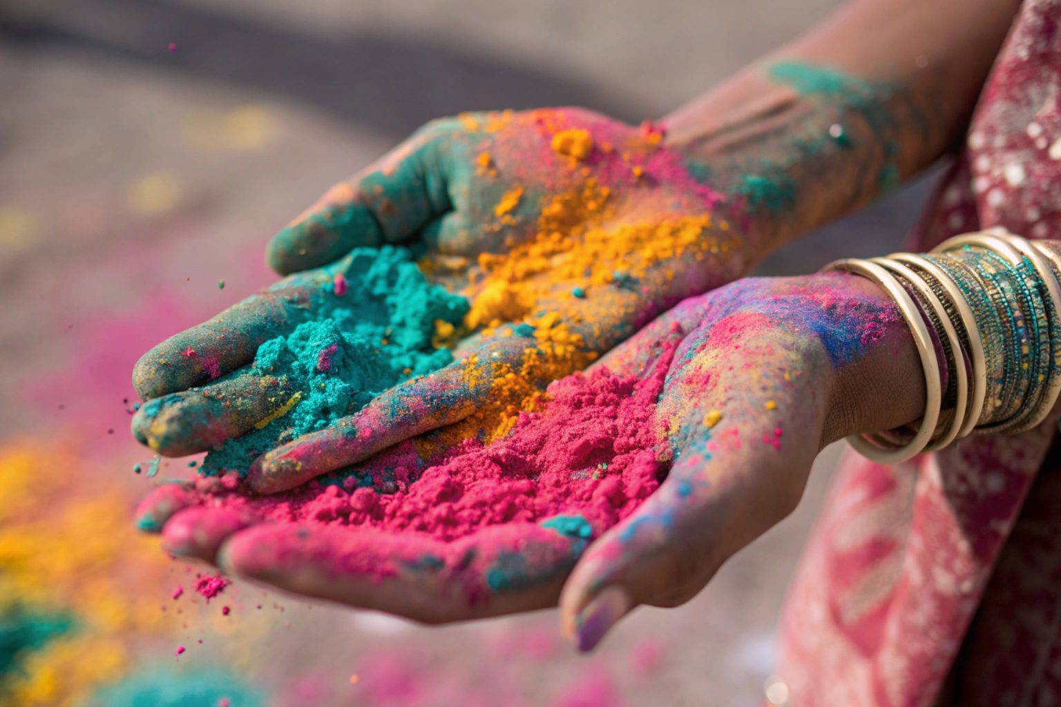 Two hands are held open, displaying vibrant colored powders in shades of turquoise, pink, and yellow. The hands are adorned with traditional bangles, and the skin is stained with remnants of the powders, suggesting a festive atmosphere. In the background, splashes of the same colors can be seen scattered on the ground, indicative of a celebration,