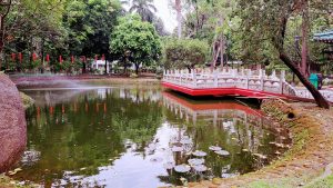 A tranquil scene of a park featuring a still pond surrounded by lush greenery. A decorative bridge with a red and white color scheme crosses the pond, reflecting in the water.  In the background, trees and plants create a serene environment, while red lanterns hang in the trees, adding a festive touch.