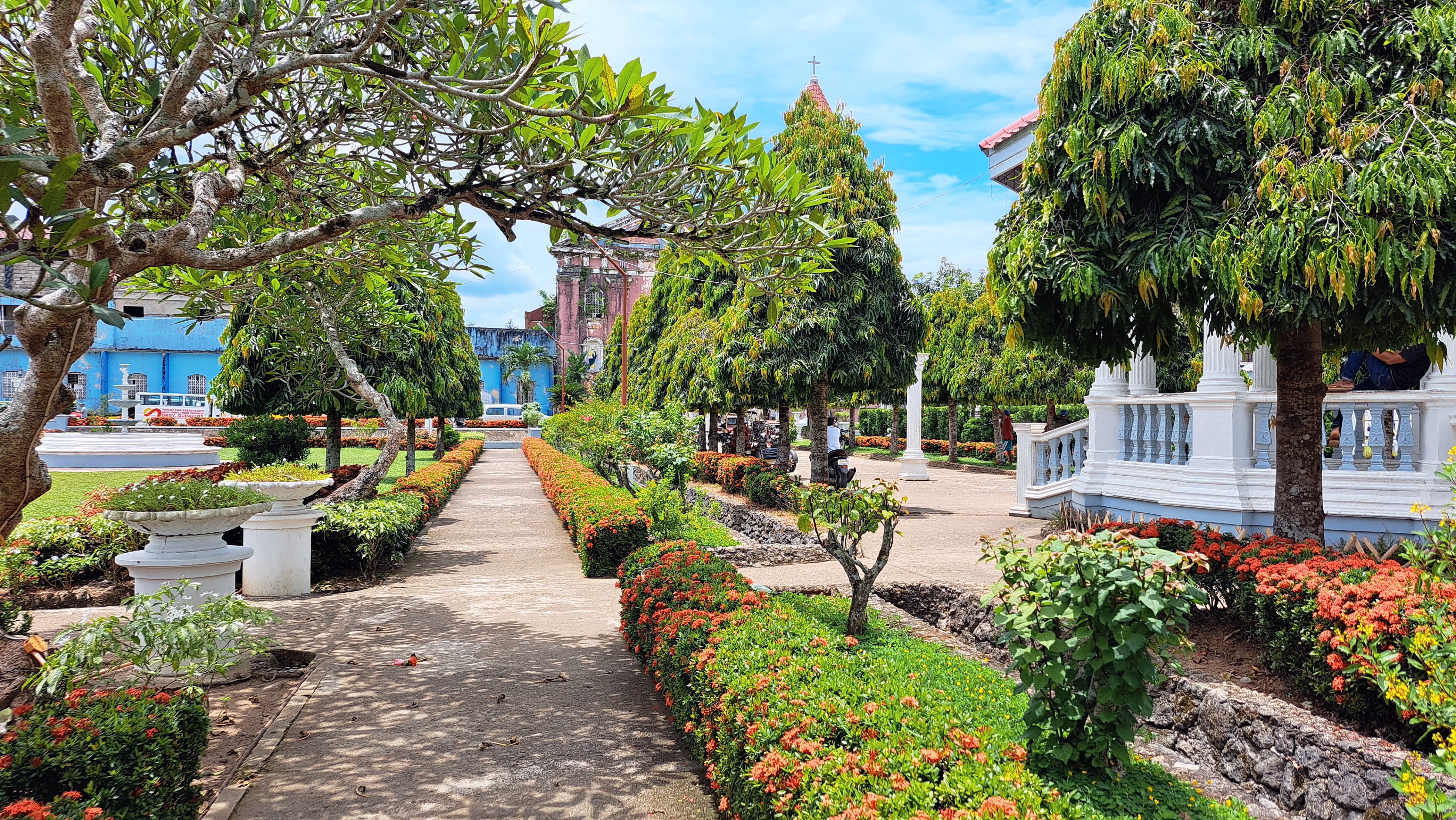 A vibrant garden scene with neatly trimmed green hedges lined with orange flowers, leading to a building with columns on the right. Tall trees provide shade throughout the walkway, and a bright blue wall is visible in the background under a clear blue sky.