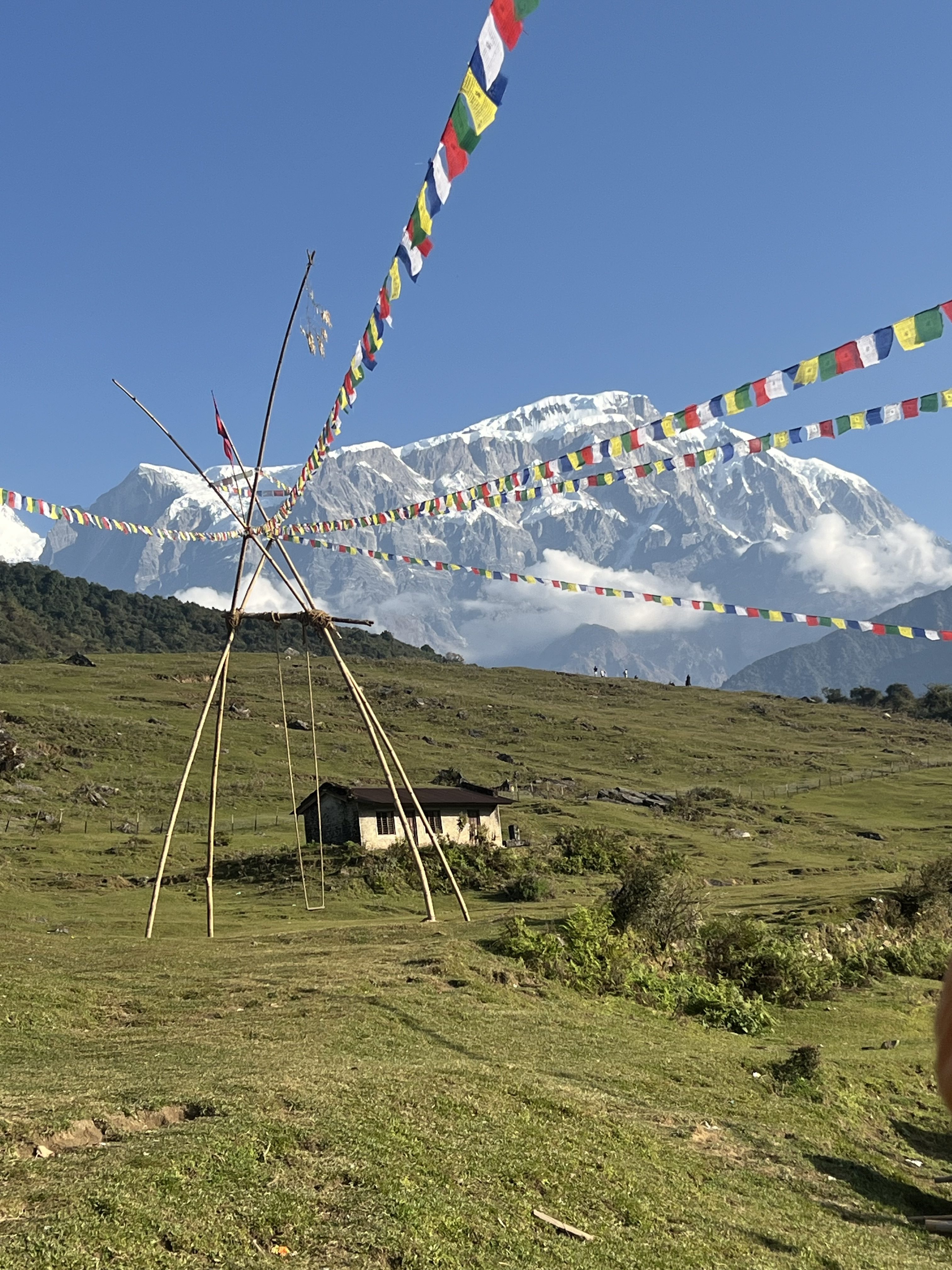 Traditional swing with mountain background.