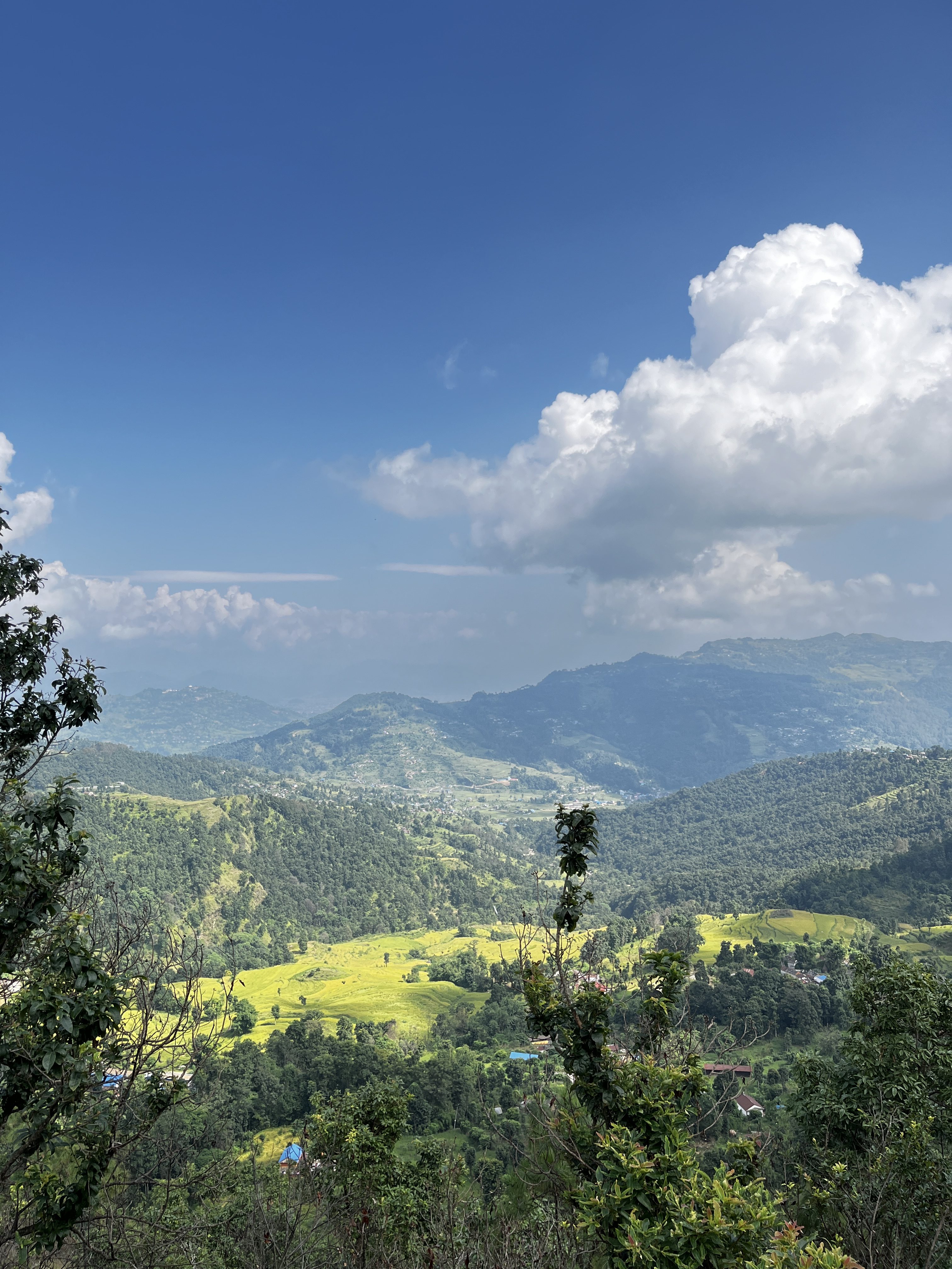 A scenic landscape view with lush green hills, a valley, and distant mountains under a bright blue sky with fluffy white clouds. Foreground includes trees and scattered houses.