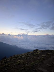 A scenic landscape showing a grassy hillside in the foreground with a view of an expansive cloud-filled sky and a fading sunset in the background, transitioning from blue to hints of orange and pink.