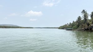 A serene river scene with calm waters reflecting a partly cloudy sky, flanked by lush greenery and tall palm trees on the right bank. A small boat with a green canopy is docked near a wooden pier, while the left bank features dense trees and distant hills under a clear horizon.