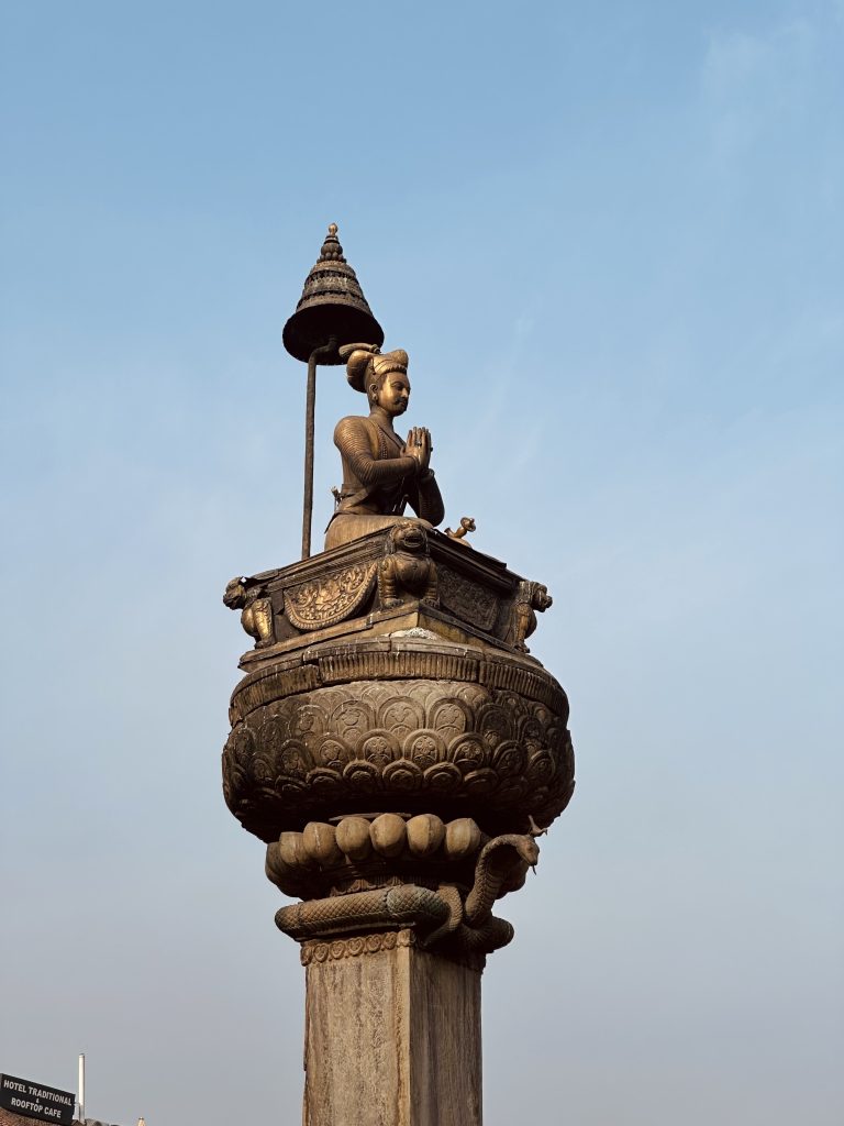 The statue of King Bhupatendra Malla at Bhaktapur Durbar Square.