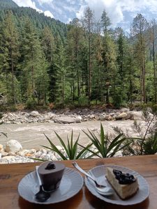 Two dessert plates on a wooden table, one with a chocolate mousse and the other with a slice of cheesecake topped with blueberries. In the background, a rocky river flows with green pine trees and forested mountains under a partly cloudy sky.
