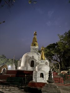 A white stupa with gold pinnacles under an evening sky, surrounded by trees and lit by artificial lights.
