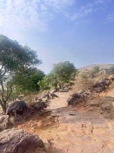 A winding path made of stone leads through a rugged landscape with sparse vegetation and rocks.