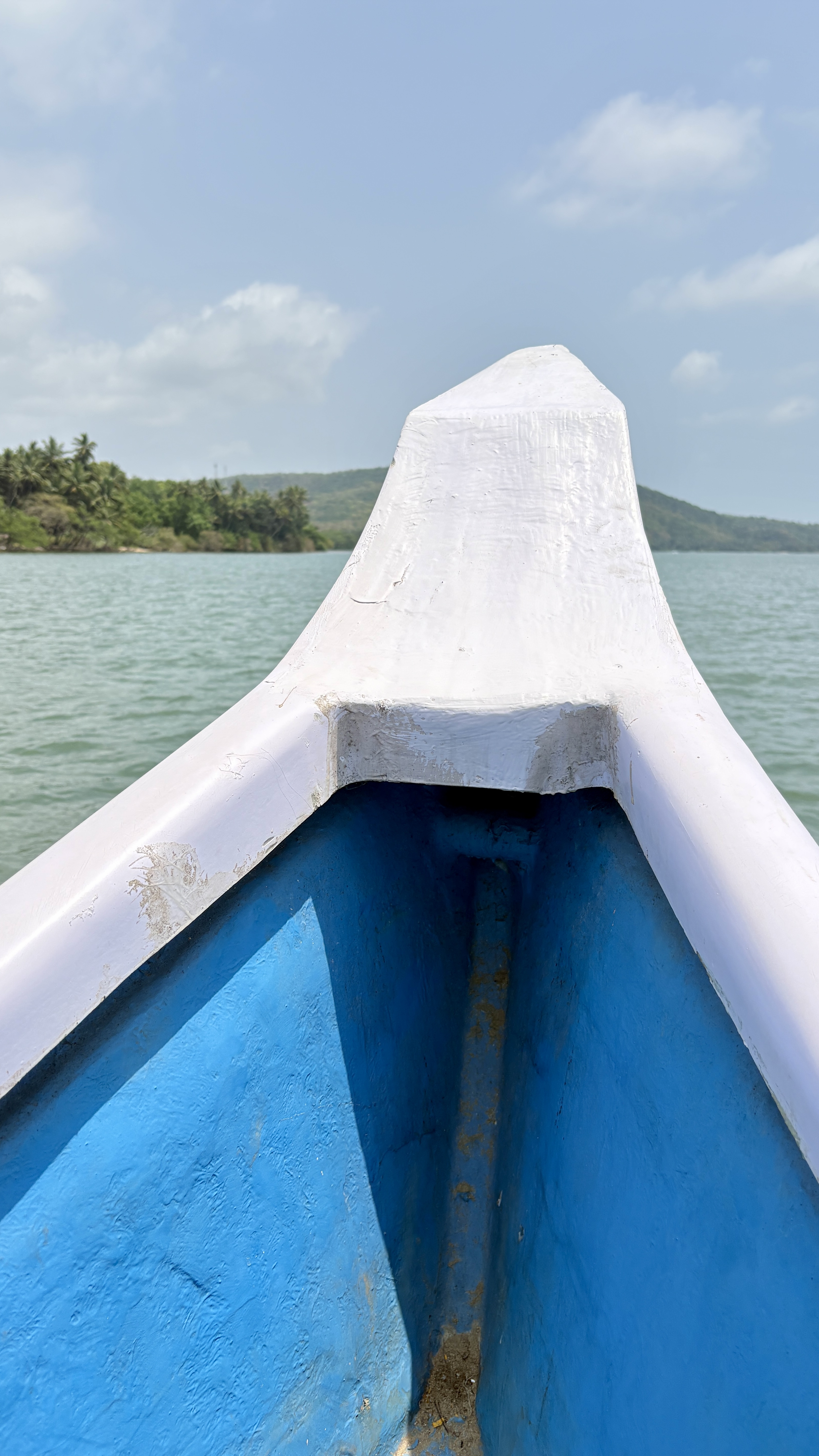 View from the bow of a small blue and white boat on a calm lake or river, with lush green hills and palm trees in the distance under a clear blue sky.