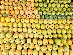 A vibrant display of mangoes, likely arranged for sale. They are neatly organized in rows, showcasing a variety of ripeness levels suggesting different stages of maturity and possibly different varieties such as Bangarappali, Kalpadi, and Sindhoor. Captured from Kozhikode, Kerala.