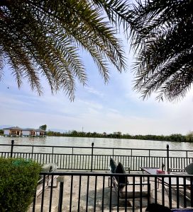 A scenic view of a lakeside area with a seating area in the foreground, consisting of a metal fence, cushioned chairs, and a table. 