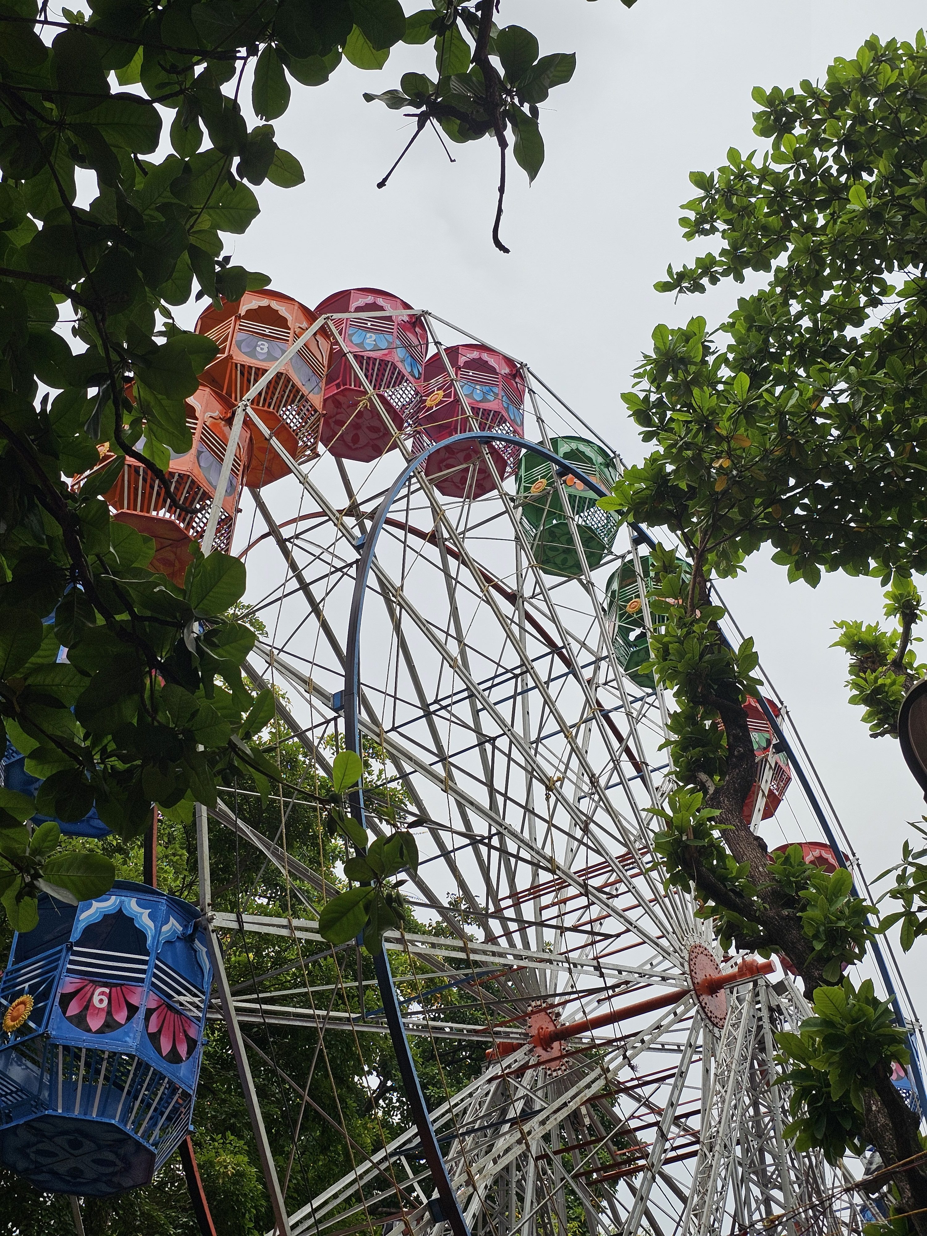 A colorful Ferris wheel, partially obscured by green foliage, against a cloudy sky. The Ferris wheel has various colored passenger cars and is captured from a low angle, emphasizing its height and structure. Captured from Thrissur, Kerala.