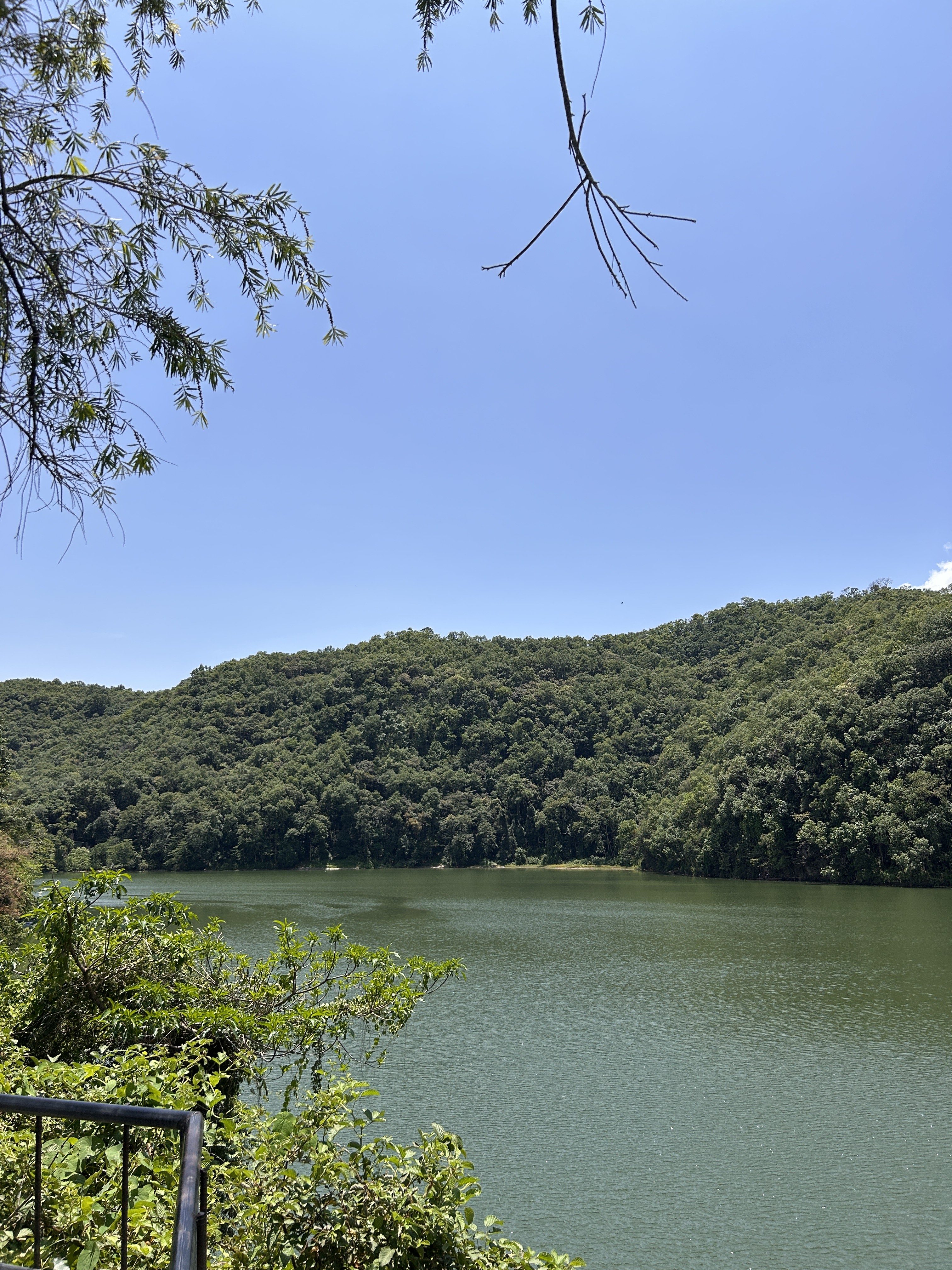 A serene view of a Fewa lake surrounded by lush green hills under a clear blue sky.