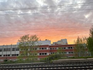 Evening view of a building near railway track 