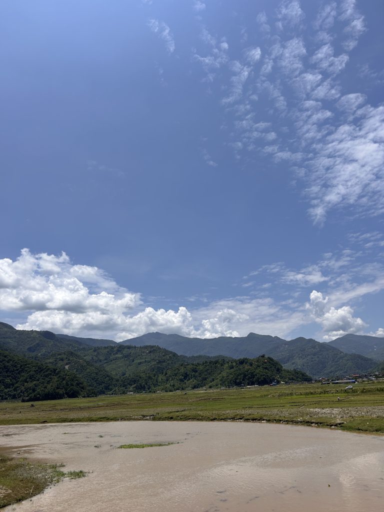 A scenic landscape featuring a calm, muddy body of water in the foreground, surrounded by lush green fields.