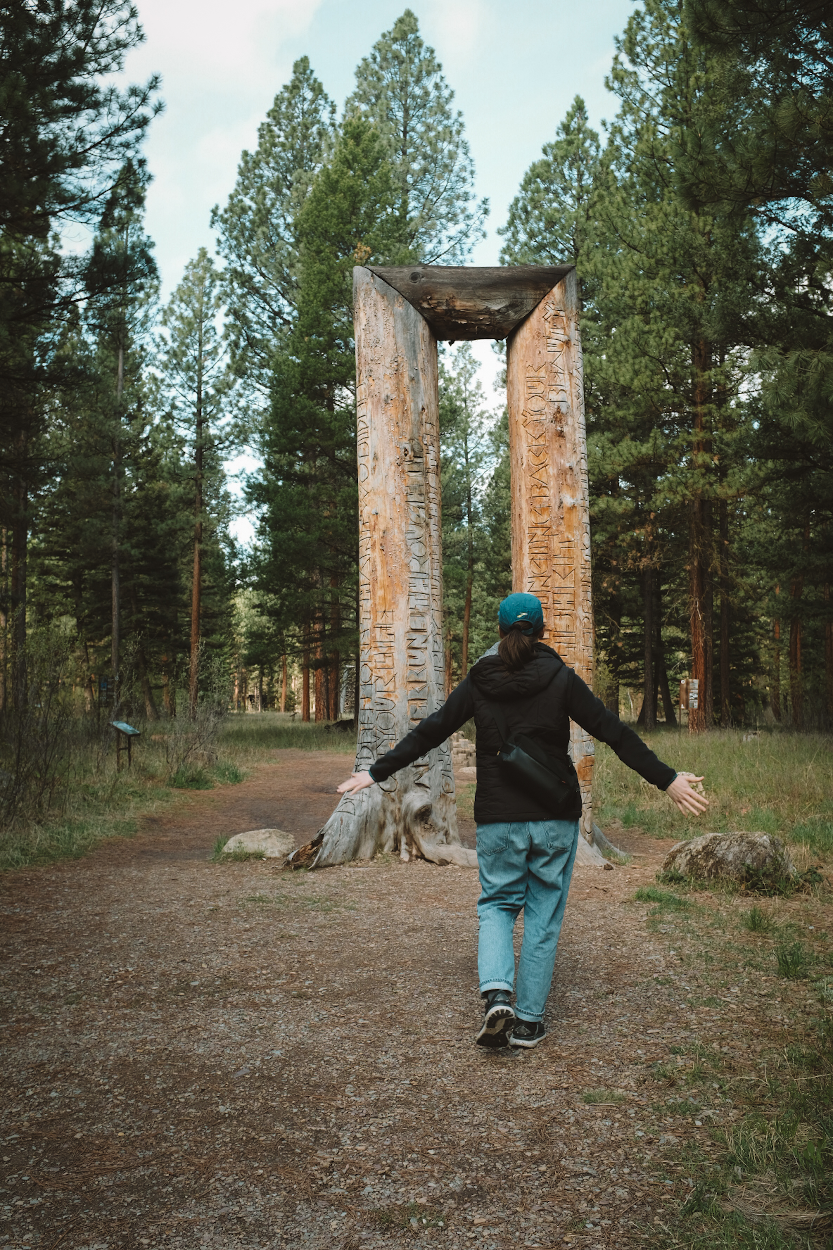 A person is walking along a dirt path in a forest, with their back toward the camera.