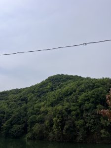 A scenic view of a lush, green hillside reflected in a calm body of water, under a cloudy sky. 