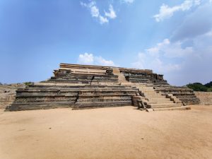 Picture of Mahanavami Dibba. A grand stone platform built by Vijayanagara kings, it is located in Hampi, Karnataka, a UNESCO World Heritage Site, and was used for royal ceremonies and Dasara celebrations. 
