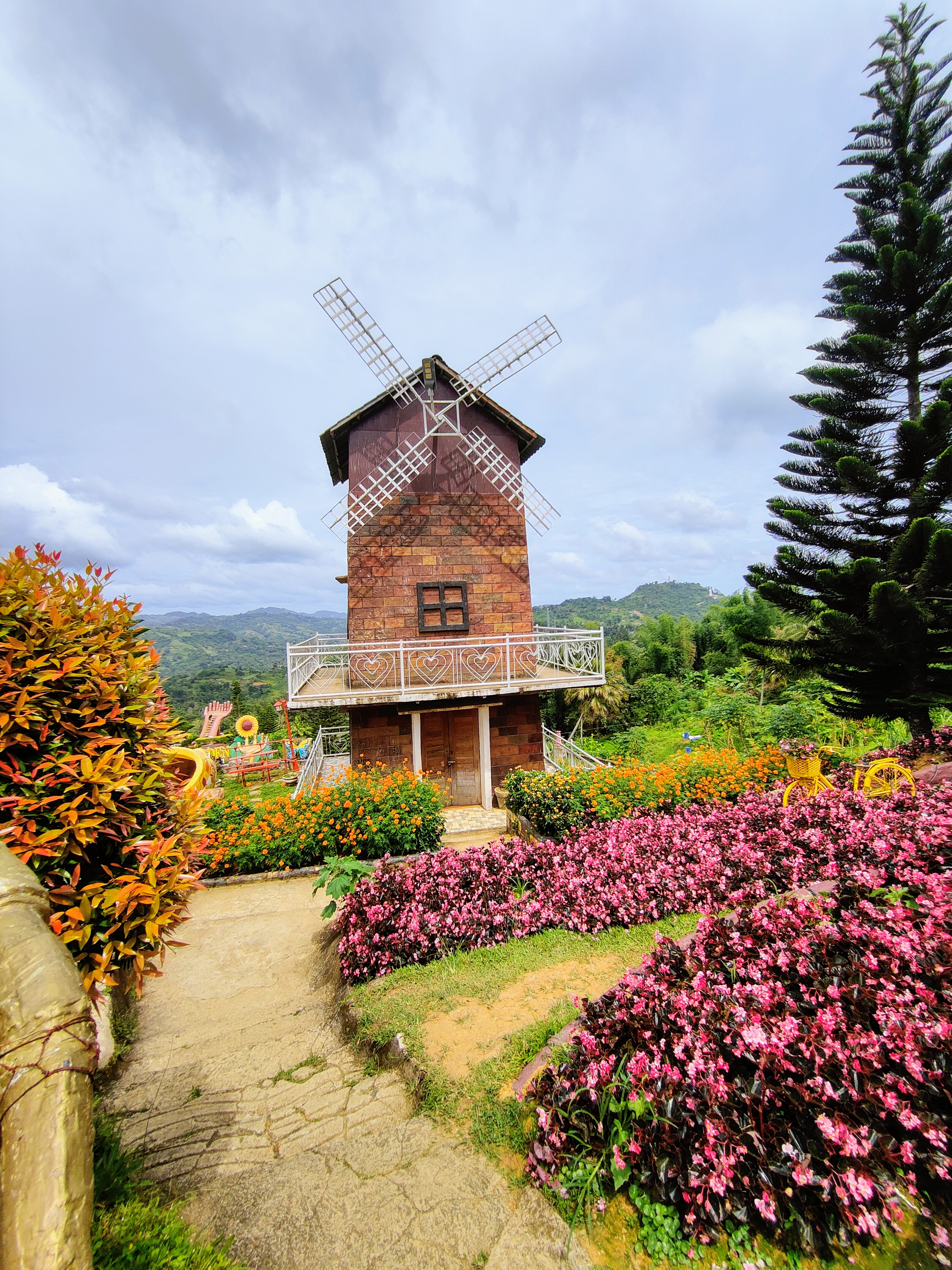 A charming windmill depicting Amsterdam vibes surrounded by colorful flower gardens in the scenic hills of Sirao Garden, Cebu City, Philippines.